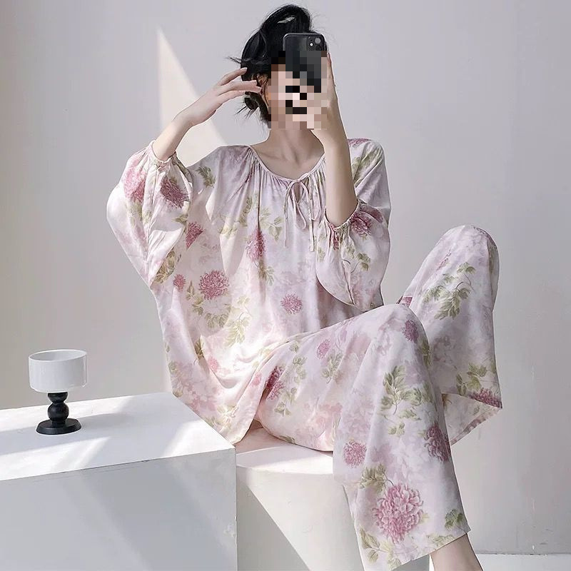 綿シルクパジャマセット女性のホーム服春と夏のパジャマ女性の夏フレンチレトロラウンドネック屋外で着用可能|undefined