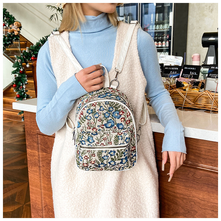 Functional Backpack Bags Type Women's Pu Leather Flower Streetwear Sewing Thread Oval Zipper Functional Backpack
