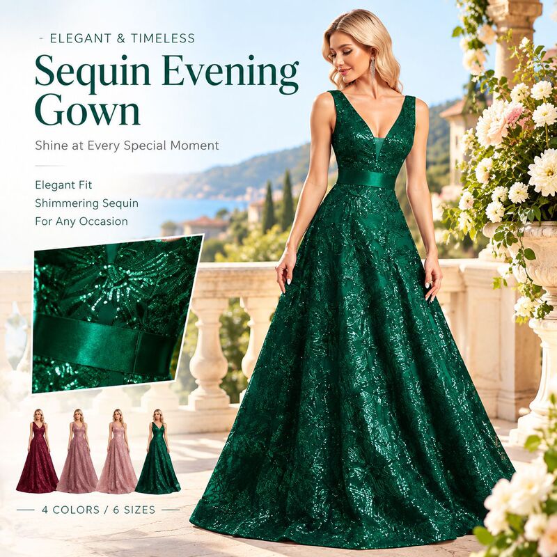 European and American style, dark green, V-neck, sleeveless, sequined, flared evening gown, fitted at the waist, long, suitable for banquets, weddings, parties, and as a hostess dress