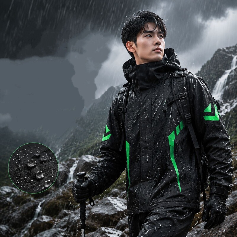 Black raincoat for outdoor motorcycle riding, made of pongee fabric, two-piece design Black raincoat for outdoor motorcycle riding, made of pongee fabric, two-piece design