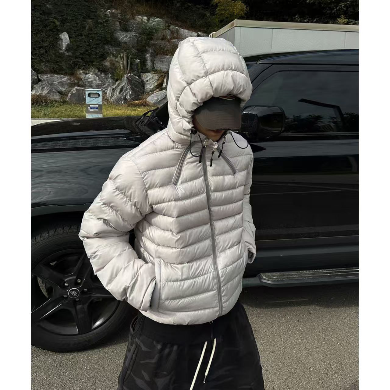 Light Gray Hooded For Men Winter High-end Korean Style Cool Bread Jacket Casual Warm Cotton Coat_viptrois.com
