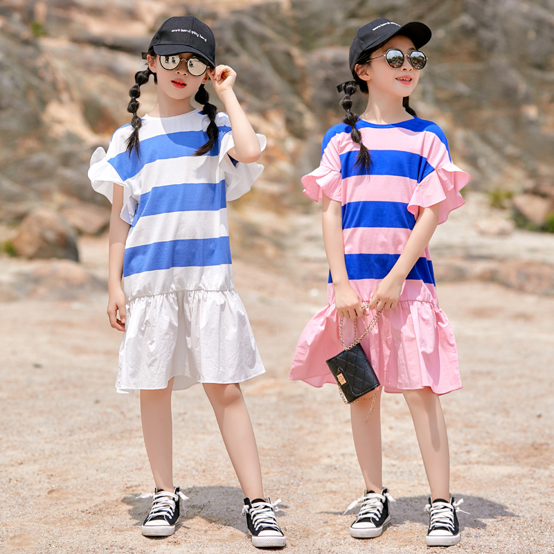 Vestido de las niñas de verano nuevo algodón puro de manga corta a rayas simple elegante vestido casual para niños vestido de princesa con volantes