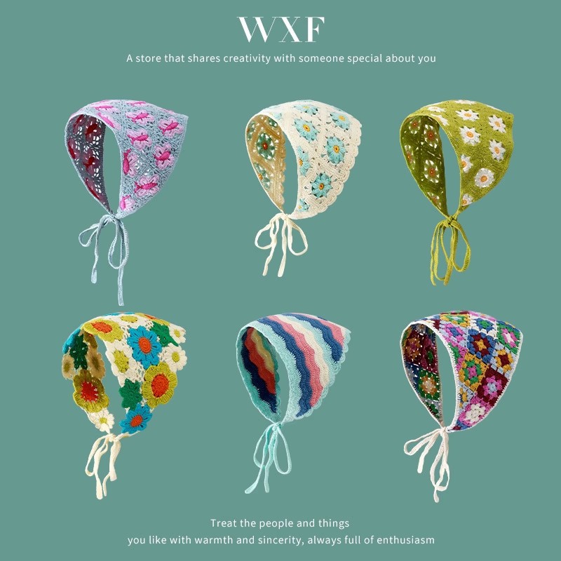 法式復古頭巾女出遊甜美可愛鈎花文藝風髮帶針織手工辣妹三角巾潮