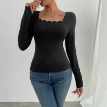 亚马逊2025时尚新款针织上衣女长袖欧美修身性感跨境弹力T恤