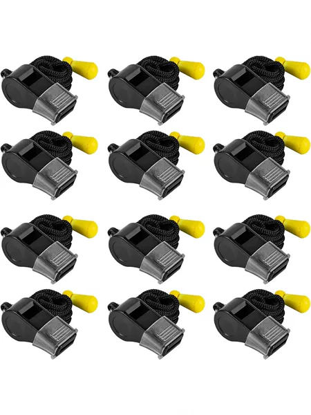 ABS plastic whistle with silicone mouth guard, black referee whistle, adjustable length strap, sports aid