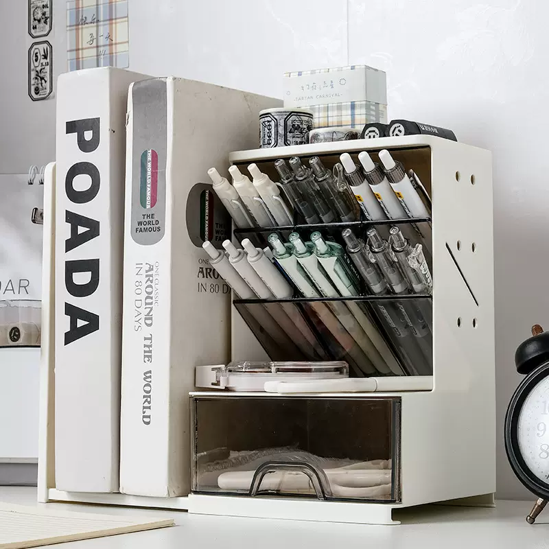 批发伸缩桌面收纳盒办公斜插式笔筒收纳架书立架抽屉式整理置物架