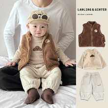 韩系潮宝宝冬季加绒马甲内搭打底衫保暖束脚裤冬装婴儿时髦三件套