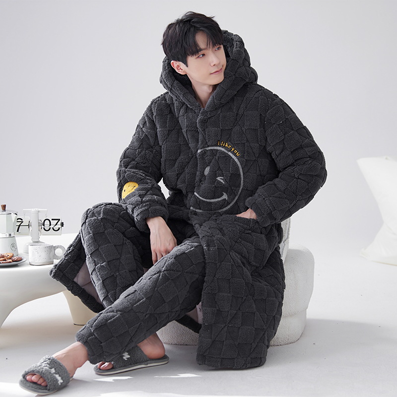 Pijamas de invierno para hombre 2024, bata acolchada de tres capas de longitud media, forro polar coral cálido con capucha, informal y grueso para uso exterior