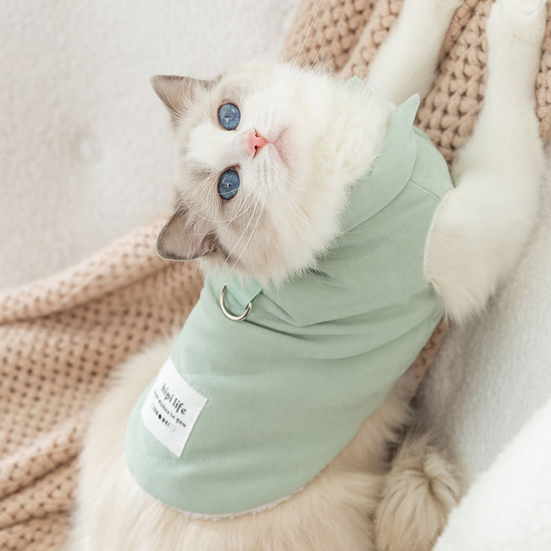 Winter Thickened Warm Cat Clothes Cloth Label Quilted Cotton Vest Autumn Two-legged Ragdoll Blue Cat Traction Pet Clothing