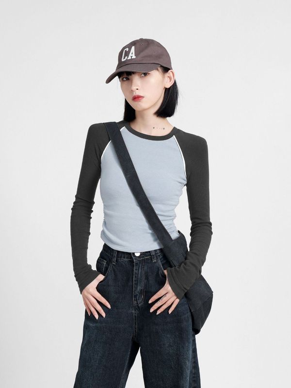美式复古插肩长袖t恤女秋季短款修身紧身正肩早秋内搭打底衫上衣|undefined