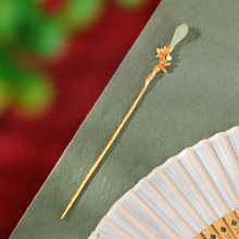 悦宝珠宝S925纯银镀金和田玉珍珠复古国风莲花玉兰花发簪气质银簪