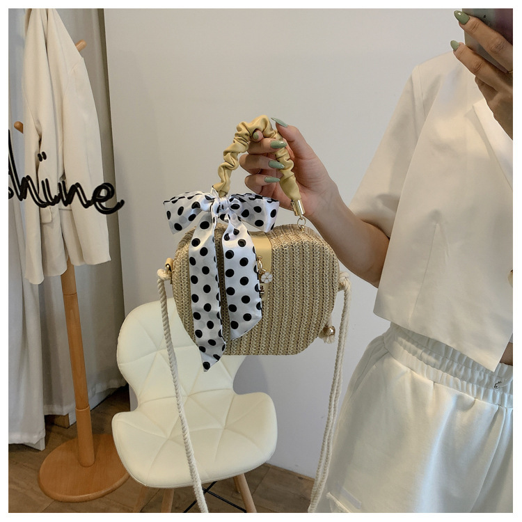 Straw Bag Bags Type Women's Medium Straw Solid Color Vacation Beach Ribbon Weave Lock Clasp Straw Bag