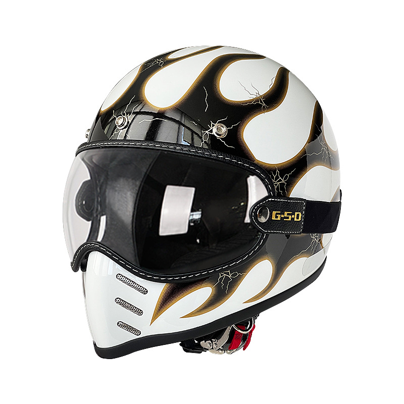 Motosiklet kaskı (dəbilqə) – Motuoche Helmet Full Face - white-with-gold-flames-transparent-visor-m55-56