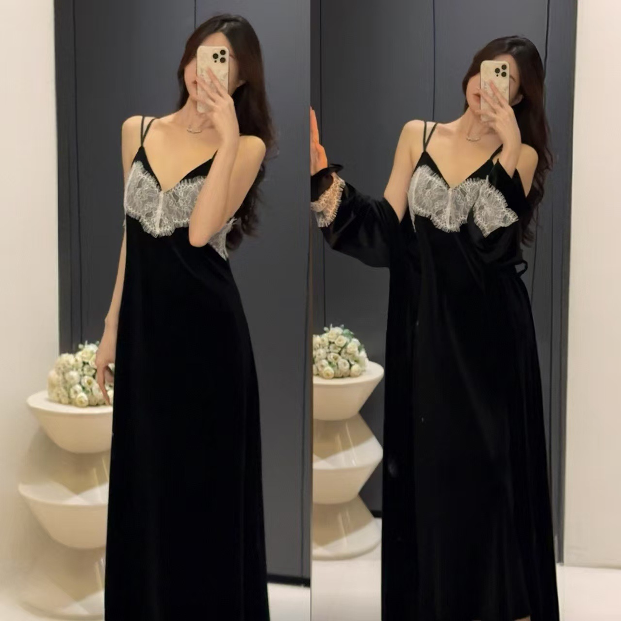 Autumn and Winter Suspender Sexy Elegant Mid-Length Nightgown Women's Gold Velvet Lace Backless Pajamas Women's Home Wear Set