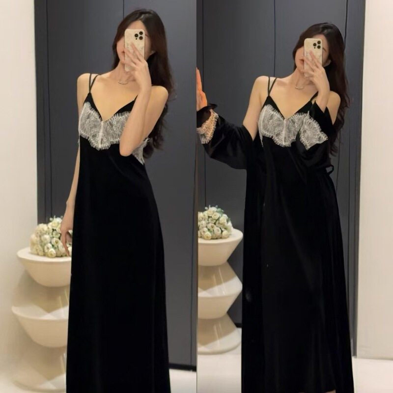 Autumn and Winter Suspender Sexy Elegant Mid-Length Nightgown Women's Gold Velvet Lace Backless Pajamas Women's Home Wear Set
