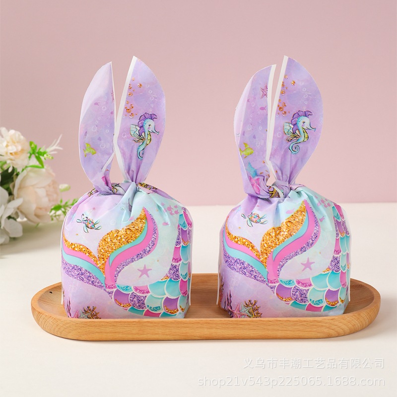 新款兔耳朵糖果袋美人鱼主题生日派对回礼袋点心袋零食塑料包装袋