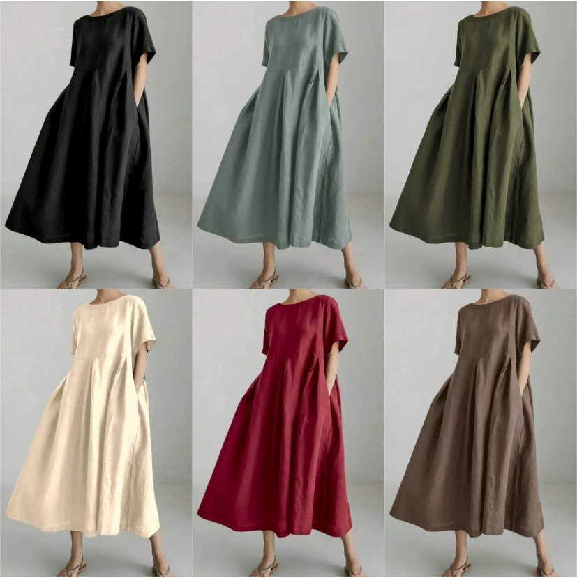 Летняя распродажа 2025: Европейская и американская новая свободная платье с круглым вырезом, короткими рукавами и карманами, однотонное, женская одежда