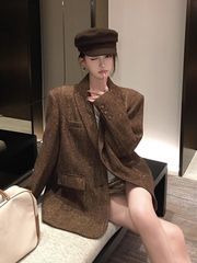 小香风时尚复古粗花呢休闲西装外套女秋冬气质名媛设计感西服上衣