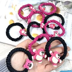 Strawberry Bear Small Intestine Ring Cute Cartoon Versatile Black High Elastic High Ponytail Girl Hair Accessory New Simple Hair Ring