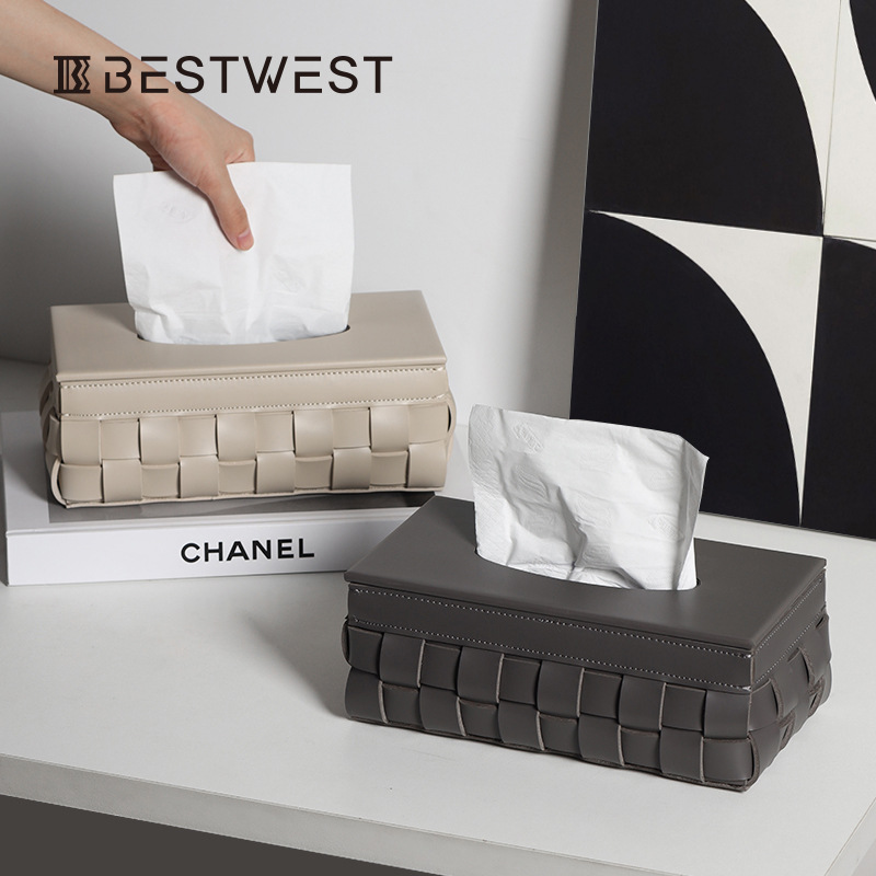 Best West High-end Light Luxury Woven Leather Tissue Box Home Bedroom Soft Tissue Box Decoration