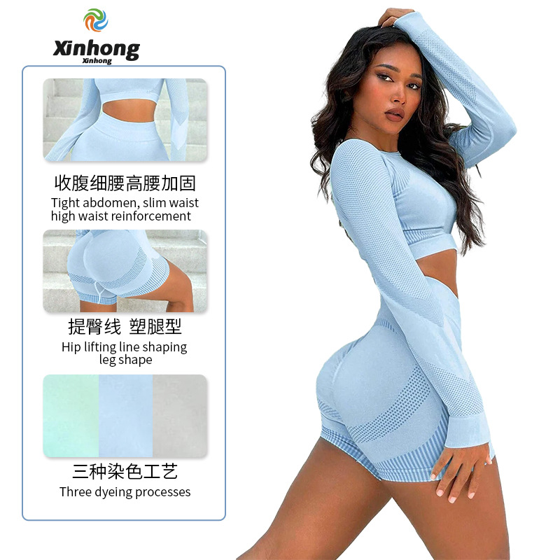 Traje de fitness sin costuras transfronterizo europeo y americano melocotón cadera cintura alta fitness manga larga tres puntos deportes yoga pantalones cortos traje mujeres