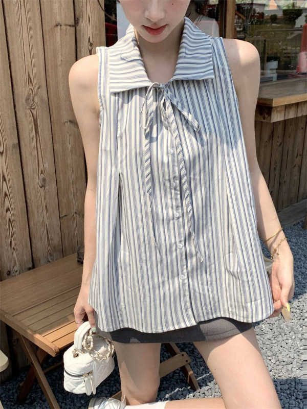 工場卸売デザインフレンチハイエンドストライプリボンシャツノースリーブトップ学生スリムベスト女性の夏|undefined