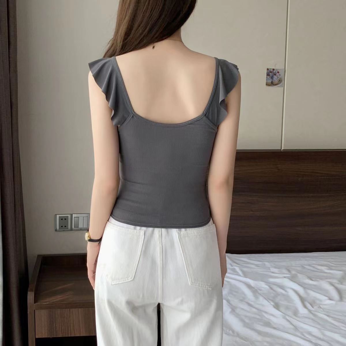 Summer new Ice Silk small flying sleeve camisole women with chest pad slim-fit beauty back tube top underwear bottoming top thin