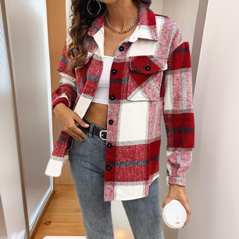 Women's Clothing Plaid Shirt American Style Long Sleeved Collared Loose Fit Mid Length Coat For Autumn Winter_ecoleips.com