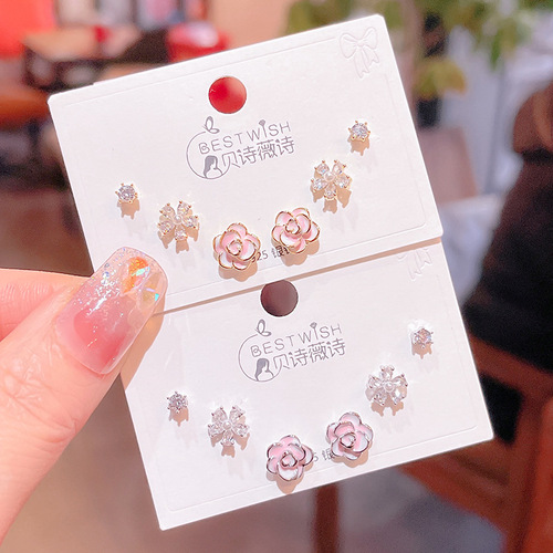 Exquisite glazed flower small earrings set of six pieces, women's silver needle mini cute earrings and earrings