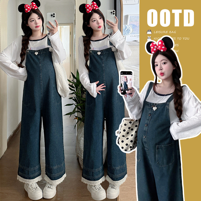 Maternity Overalls Spring and Autumn Trendy Loose Casual Jumpsuit Reversible Overalls + Long-Sleeve T-Shirt Set