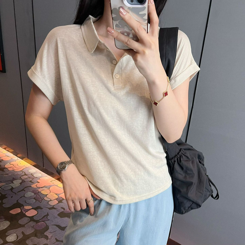 老钱风显瘦百搭休闲亚麻Polo领短袖T恤   080f106|undefined