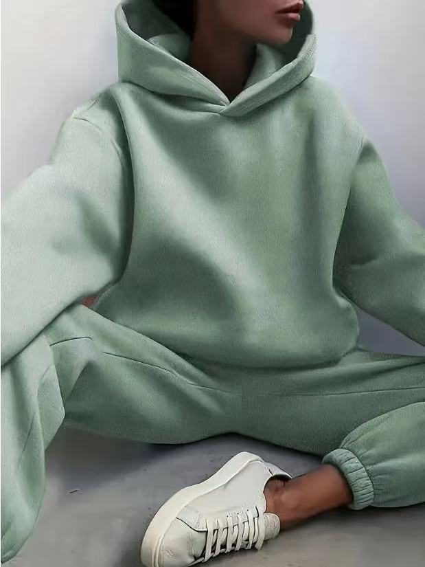 European and American Style Casual Comfortable Home Loose Jogging Hooded Knit Sweatshirt and Sweatpants Two-Piece Women's Set