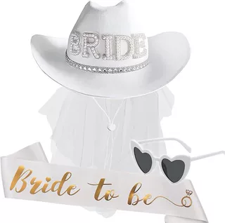 单身派对BRIDE白色珍珠头纱牛仔帽新娘装扮西部牛仔帽带头纱肩带