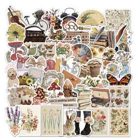 50张/8款复古贴纸跨境文艺图案防水涂鸦行李箱笔记本手账贴纸批发