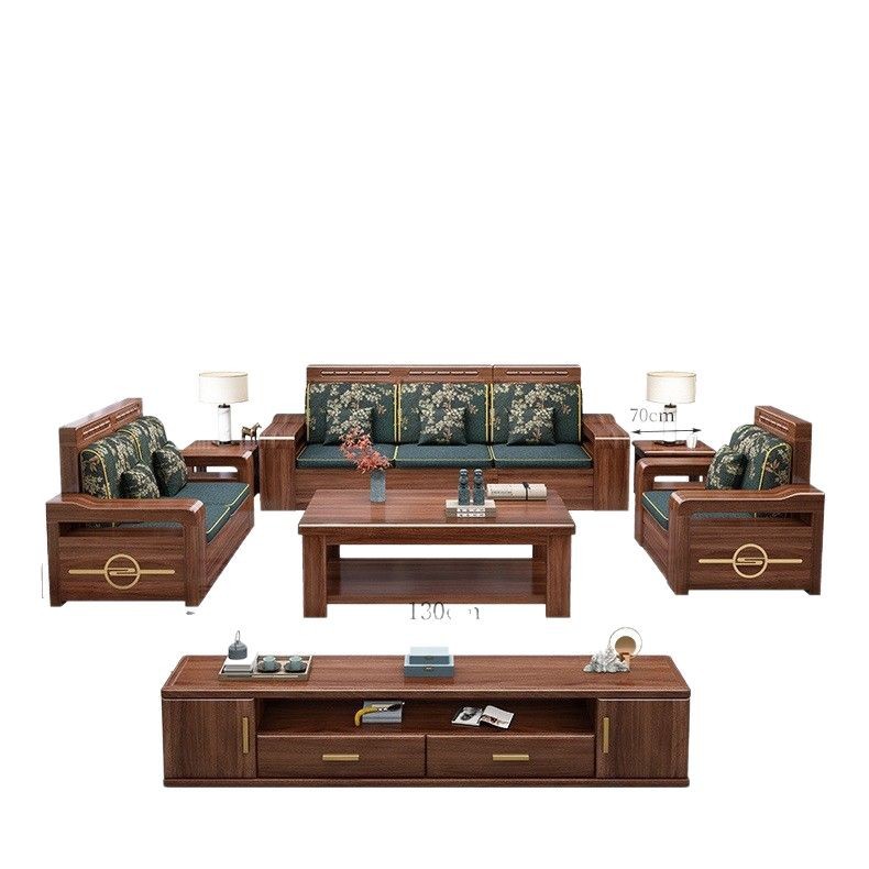 金丝胡桃木实木沙发组合客厅大小户型冬夏两用新中式雕花储物沙发