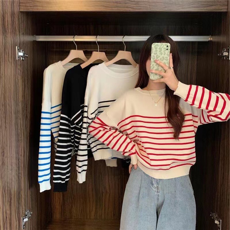 Spring and Autumn New Sweater Navy Blue Striped Knit Black and White Classic Base Top Thin Sweater T-shirt