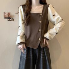 大码女装美拉德开衫上衣春秋胖mm遮肚子不规则单排扣长袖方领T恤