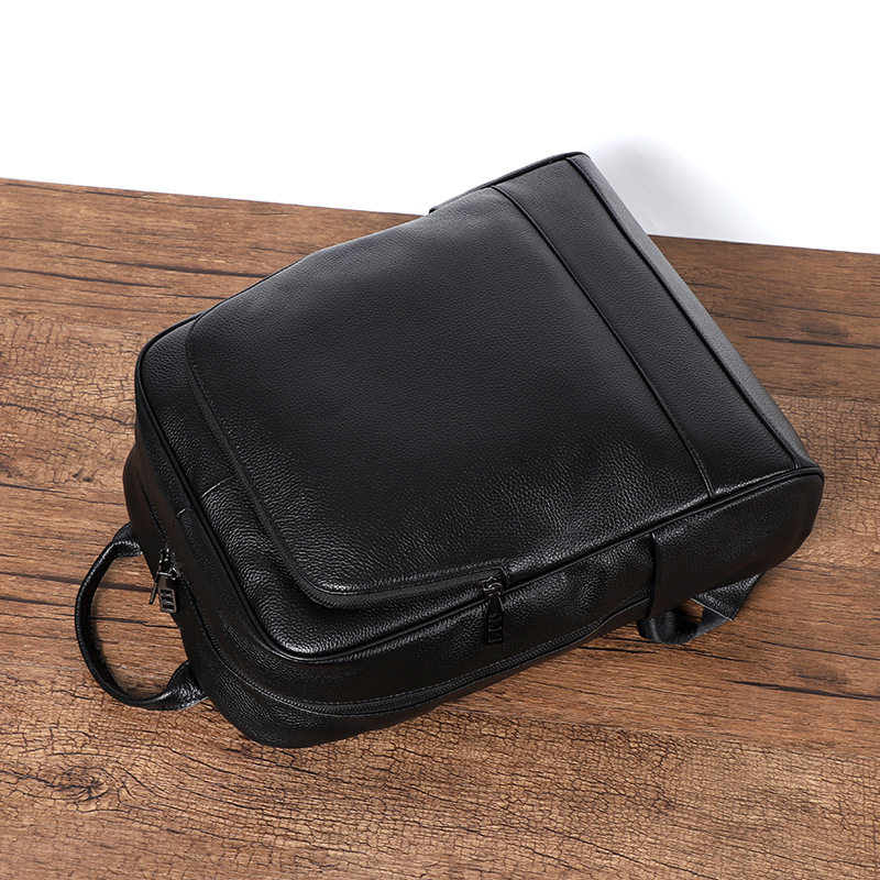Ba lô nam da bò lớp đầu tiên đơn giản, túi đựng laptop đi học đi làm du lịch 42×32×12 cm — Màu đen