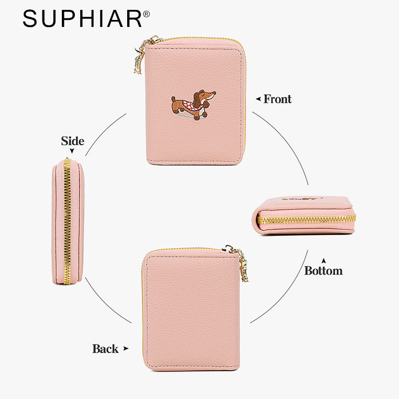 Paquete de tarjetas con cremallera de dibujos animados con bordado de PU