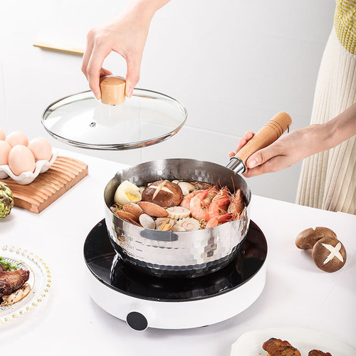 Live streaming assisted frying instant noodle pot with wooden handle, no coating, suitable for baby food, hammered stainless steel Japanese Yukihira pan