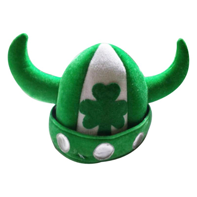 Cross-Border St. Patrick's Day Hat with Horns, Fan Hat with Horns, Green Velvet Clover Patchwork Hat Wholesale