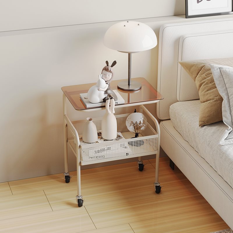 Wholesale Cream Style Movable Living Room Sofa Side Table Small Coffee Table Tempered Glass Bedroom Bedside with Wheels Internet Celebrity Small