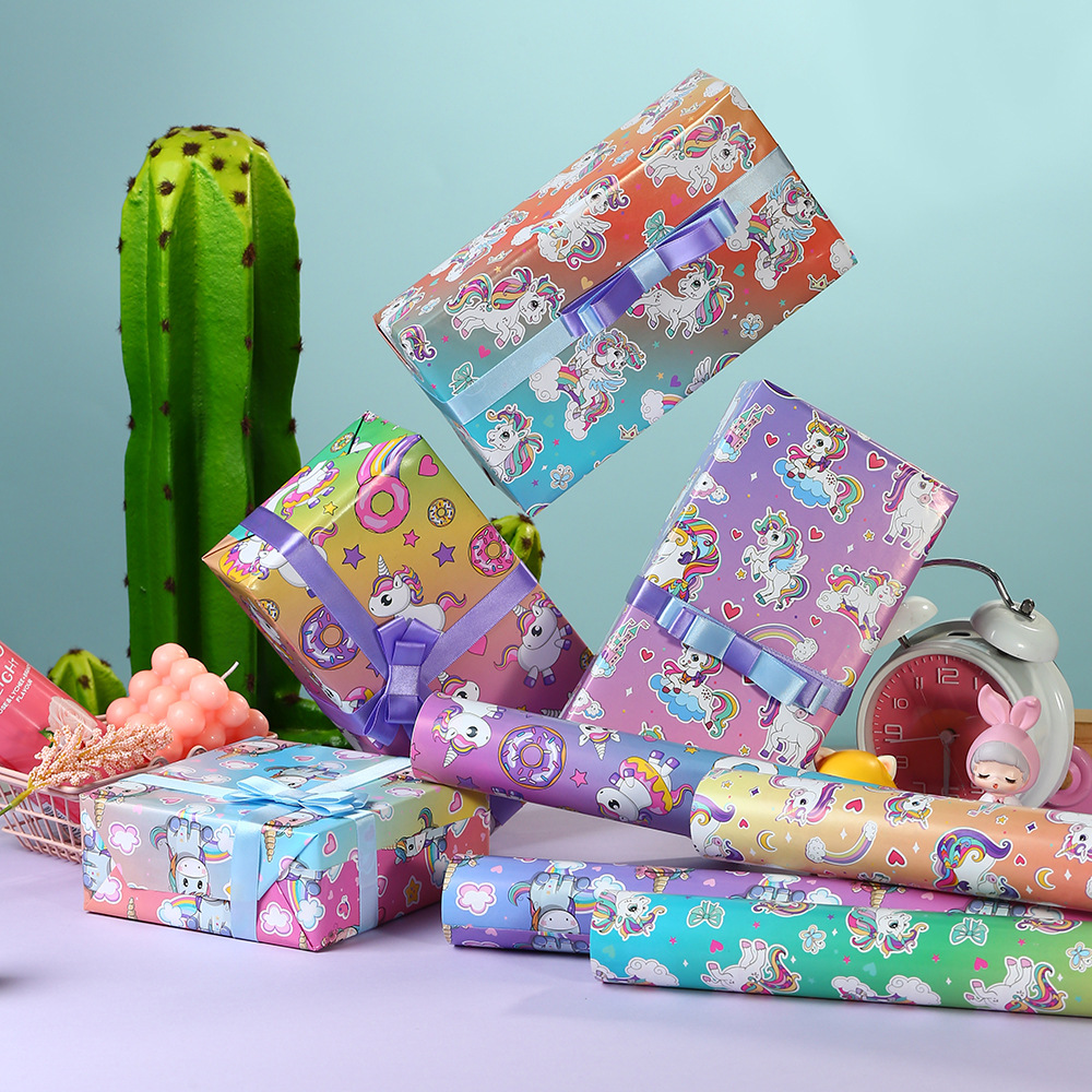 Amazon nuevo dibujos animados colorido unicornio papel de regalo niños caja de regalo papel de embalaje de libro