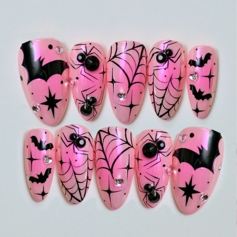 Halloween Pink Blush Spider Bat Heart Chrome-Plated 30-Piece Handmade Wearable Nail Art Nail Tips Fake Nails