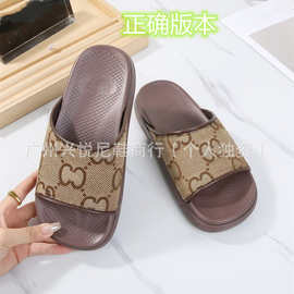 跨境G家刺绣厚底拖鞋女2025新款松糕底情侣大码增高时尚外穿一字