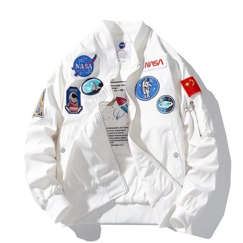 NASA x Spring Collab Lightweight Pilot Jacket, Unisex Couple's Relaxed Baseball Style Fashion Outerwear
