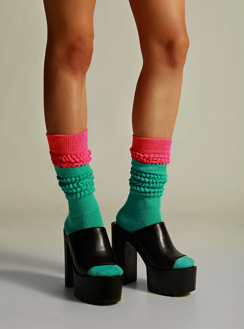 Color Block Slouch Socks Retro Mid Calf Scrunch Crew Sports Socks_voghion.com