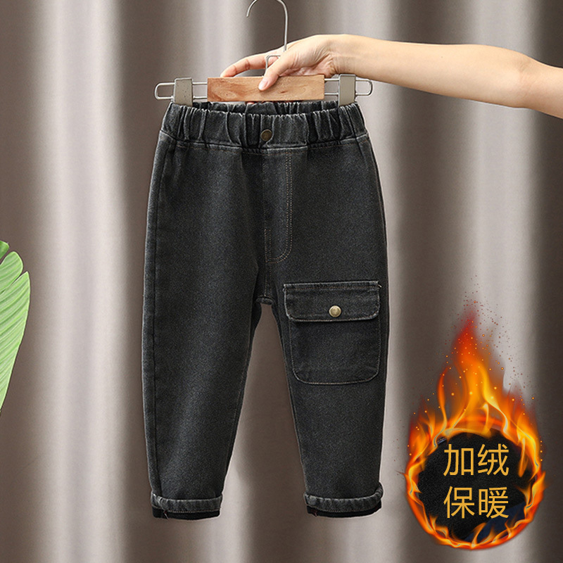 Pantalones vaqueros para niños forrados de lana otoño e invierno cálido bebé ropa de invierno para niños estilo occidental estilo coreano pantalones de terciopelo de una sola pieza de invierno para niños image 6