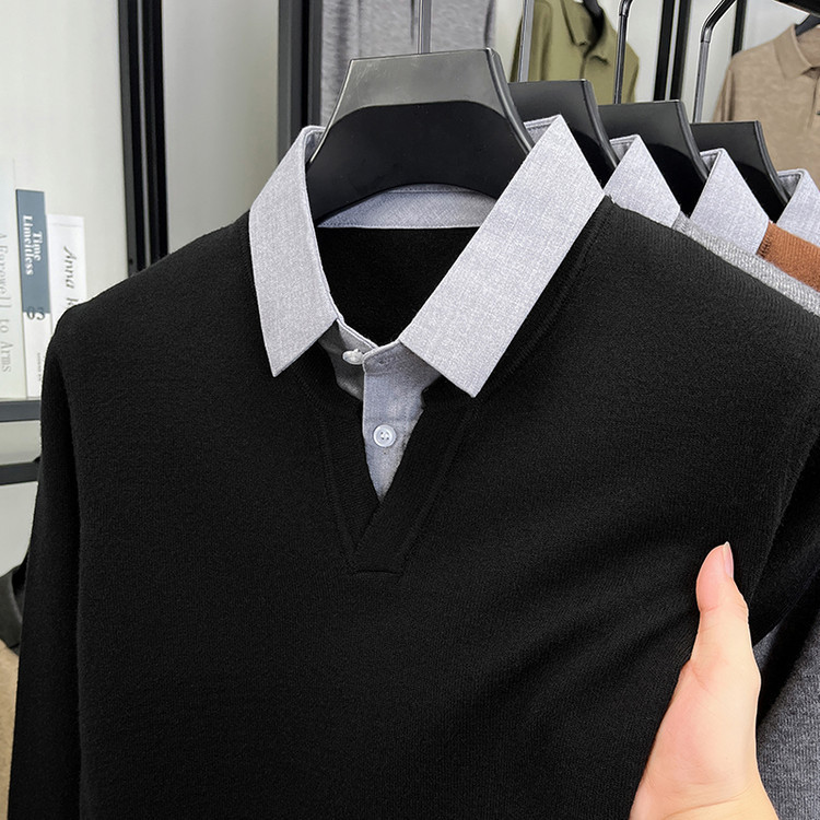 Primavera y otoño con solapa de manga larga de hombre base popular camiseta de punto de hombre falsa dos piezas de chaqueta simple suéter casual suelto