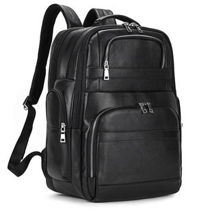 Large Capacity Genuine Leather Backpack with USB Black Cowhide Rucksack Men's Cowhide Casual Travel Bag